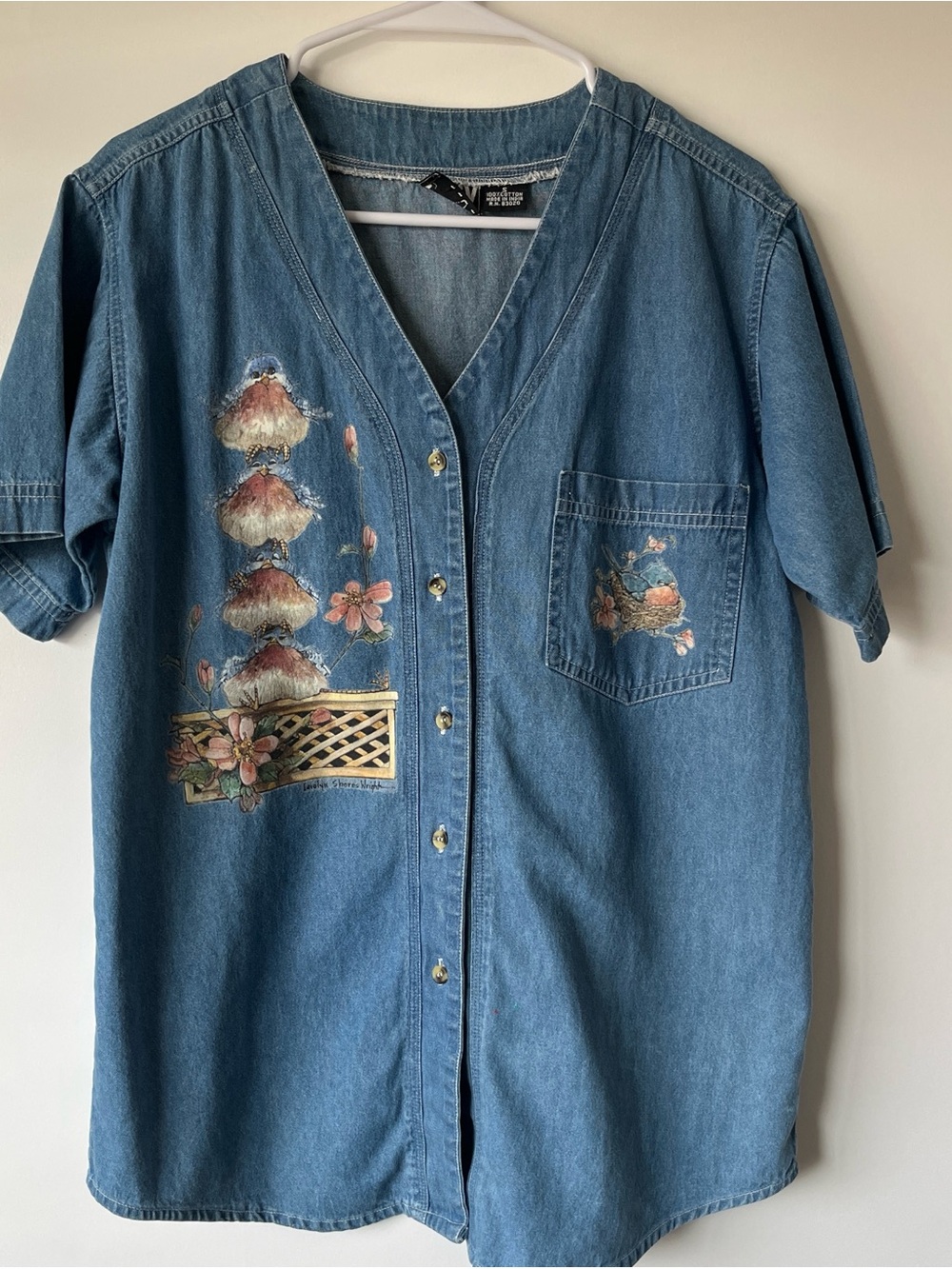 Vintage Denim Button-Up Shirt with Floral Bird Print